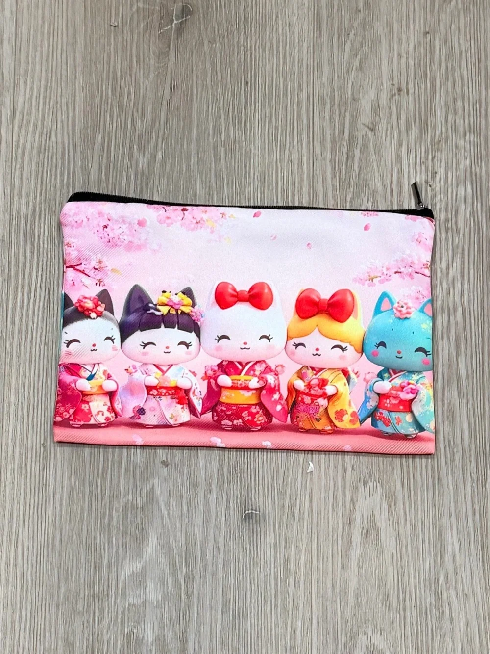 Cute Kawaii Cat Pouch with Pink Cherry Blossom Design